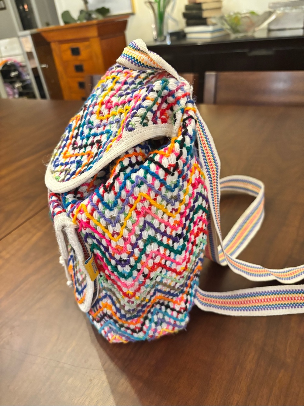 Vintage Woven Rainbow Backpack Boho Hippie Festival Drawstring M.M.M. Artesanias